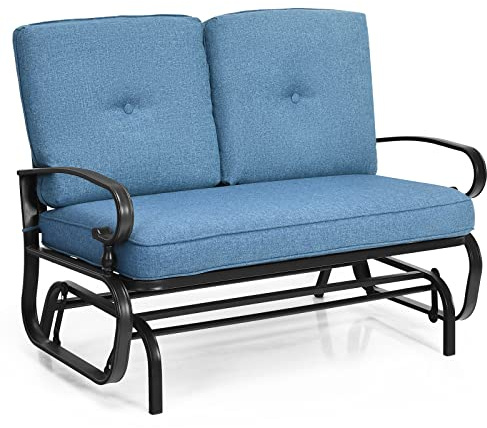 COSTWAY 2-Person Outdoor Glider Bench, Patio Double Swing Rocking Chair with Cushions, Steel Frame Garden Loveseat Relax Gliding Chair for Balcony, Porch and Poolside (Blue, 120 x 68 x 85cm)