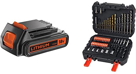 BLACK+DECKER 18 V Lithium-Ion Battery for Power Tools, Compatible with Cordless System and Drill Ranges, 1.5 Ah, BL1518-XJ & A7188 Drill and Screwdriver Bit Set 50-Piece