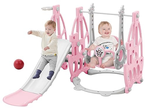 FUKEA Kids Slide, 4-in-1 Toddler Slide and Swing Set with Basketball Hoop Garden Climbing Frames, Slide for Toddlers Age 1-3 Indoor & Outdoor, Garden Slides for Kids(baby Pink)