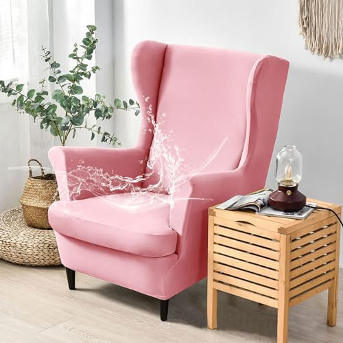 Hixingo 2-Teilig Ohrensessel Überzug, Modisch Gestrickt Strandmon Sesselbezüge, Abnehmbar Polyester Ohrensessel Bezug, Anti-Rutsch Sesselschoner für Hotel Wohnzimmer Clubhaus (Rosa)