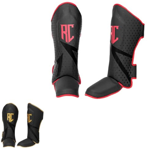 Boxing Protector Shin Instep Pads MMA Muay Thai Leg Foot Guards Kickboxing Pads (Red & Black, XL)
