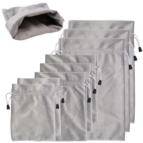 GDFYMI 8 bolsas de almacenamiento ajustables de microfibra gris con cordón, 3 tamaños (pequeña: 14 x 18 cm, mediana: 16 x 20 cm, grande: 20 x 30 cm) para juguetes, cosméticos, gafas, necesidades