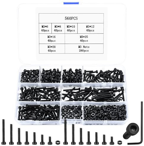 Juego de 560 PiezasTornillos M3, Tornillos y Tuercas Set, Tornillos de Cabeza Hueca Hexagonal de Cabeza Plana Redonda y Tuercas para Bicicleta Moto Máquina