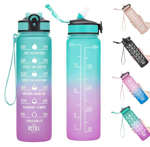 1L Sport Water Bottle with Straw, Leakproof Design Plastic Drinks Bottle, Sports Water Bottles with Time Markings, BPA Free Sports Drinks Bottle for Fitness, School, Gym, Outdoor Sports (Greenpurple)