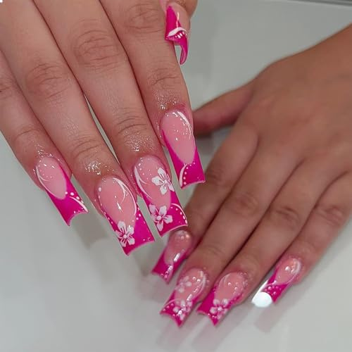 GlamRays - Unghie artificiali press-on, lunghe, squoval, quadrate, con french manicure, finitura lucida, motivo a fiori, in materiale acrilico, adesive, 24 pezzi