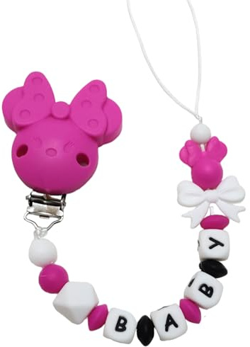 minnie maus silikon Schnullerkette mit Namen fur Madchen - schnullerkette mit wunschname - Handgemachter Schnullerhalter aus Silikon - Ideales Babygeschenk zur Geburt oder Babyshower (Fuchia)