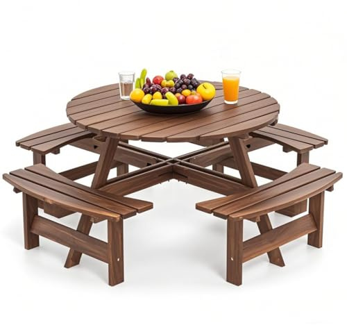 RELAX4LIFE Set Tavolo da Giardino Rotondo con 4 Panchine Integrate, per 8 Persone, in Legno di Abete con Foro Ombrellone (5 cm), Tavolino da Picnic Esterno con Sedie per Giardino, Patio (Marrone)