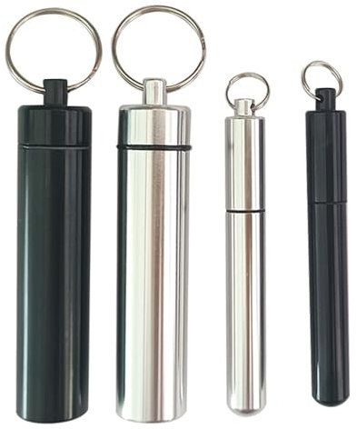 LGEGE 4 Pcs Metal Portable Toothpick Holder Set with Keychain, Waterproof Aluminum Alloy Case for Camping, Travel, Picnic - Silver & Black (2 Sizes: 17*97mm & 11*86mm)