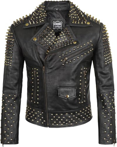 UGFashions Men's Brando Golden Studded Spikes Rock Punk Motorcycle Black Slim Fit Biker Lambskin Leather Jacket
