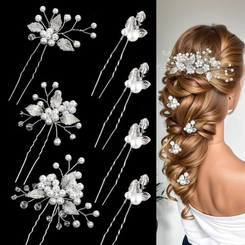 XFSRG 7 Pezzi Forcine Capelli Sposa Foglie Accessori Sposa Capelli Gioielli con Cristalli e Perle Accessori Nuziali a Forma Di U per Damigelle e Donne (Argento)
