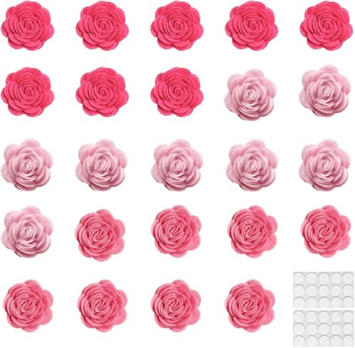 24pcs Felt Fabric Flowers Embellishments for Crafts, 1.2 inch Nonwoven Appliques Ornament with 30 Stickers for DIY Gift Wrapping Cards, Sewing, Scrapbook, Photo Frame Album Decoration (Pink Series)