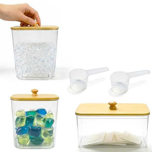 Vunanvu 3 Contenedores de Detergente en Polvo 3,1L/1,8L, Caja Organizadora Lavanderia con Tapa, Recipientes para Cápsulas de Lavadora, Almacenamiento Detergente para Lavandería con Eiquetas y Cucharas