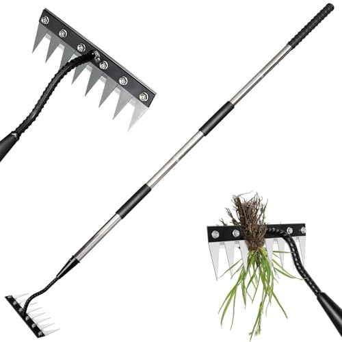 Râteau de désherbage de jardin, râteau de désherbage en fer avec long manche (68,6 cm - 152,4 cm), râteau de désherbage robuste en acier au manganèse à 8 dents pour désherbage, cour, ferme...