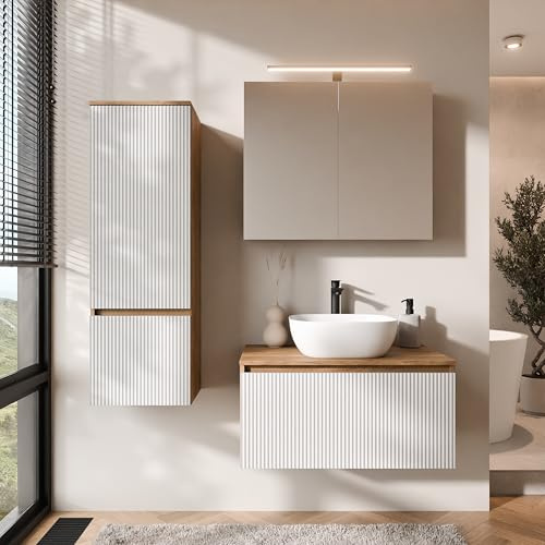 Planetmöbel Arisa - Set di mobili da bagno con mobiletto da 80 cm, colore oro rovere bianco (scanalato) con armadietto a specchio ARIA e mobiletto alto, lavabo 42 cm, colore: Bianco
