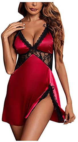 Générique Robe Sexy Femme Nuisette Chemise De Nuit Lingerie Satin D'été sans Manches Bretelles Réglables Sleepwear Col en V Couleur Unie Sexy Nuisette Babydoll Sensuelle Été De Soie Pyjamas