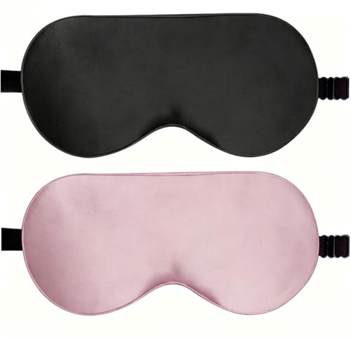 Schlafmaske Seide 2er Set Schwarz & Rosa – Seidenschlafmaske Damen, Kunstseide Schlafbrille Lichtblockierend, Verstellbar, Weich & Hautfreundlich für Reise, Bequem Augenmaske für Nachtschlaf
