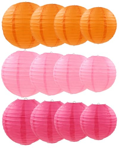 KACZUS Farolillos de Papel Redondos, Set de 12 uds (10/15/20/25 cm), Naranja-Rosa-Magenta, con Cuerda para Colgar, Crean Ambiente Cálido DIY para Bodas, Fiestas y Jardín