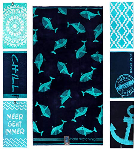 jilda-tex Strandtuch 90x180 cm Badetuch Strandlaken Handtuch 100% Baumwolle Velours Frottier Pflegeleicht (Whale Watching)