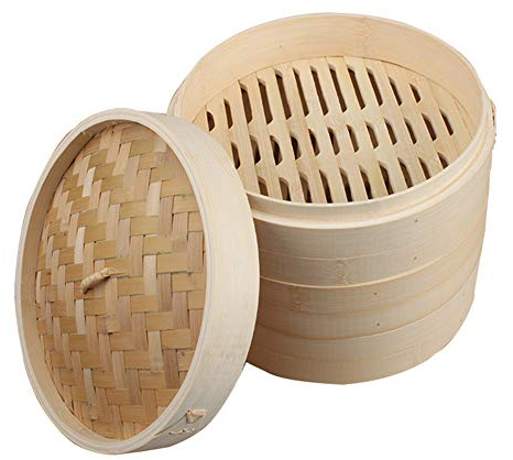 MSQL Panier à Vapeur en Bambou à 3 Niveaux avec Vapeur en Bois Organique Chinois avec Couvercle, pour Les raviolis légumes Riz au Poisson,18cm
