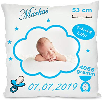 Blickfang Fotokissen | Personalisiertes Kissen als Glückwunsch zur Geburt | Geschenke zur Geburt | Babygeschenk für Jungen und Mädchen | 32 x 32 cm (Jungen mit Bild, ohne Kissenfüllung)