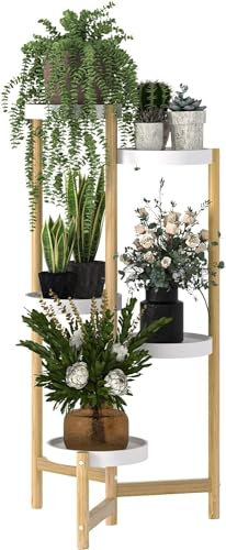 unho Porte Plante en Bambou: Étagère Plantes à 5 Niveaux Escalier Plantes sur Pieds Intérieur Extérieur pour Salon Balcon Jardin Bureau Charge Maximale 10kg x 5