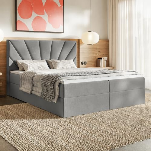 MOTIVENA Aspen Boxspringbett 160x200 mit Bettkasten und Topper, Polsterbett 160x200 mit Bettkasten, Bonellfederkern-Matratze (H4), T28 Komfortschaumstoff Topper (H3), Samt, Grau (Hellgrau)