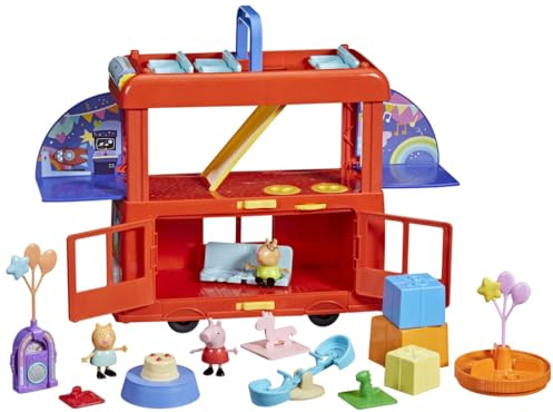 Peppa Pig Peppas 2-in-1 Party Bus Playset, Spielzeugauto mit vielen Accessoires und 3 beweglichen Figuren, Doppeldeckerbus zum Öffnen, für Kinder ab 3 Jahren