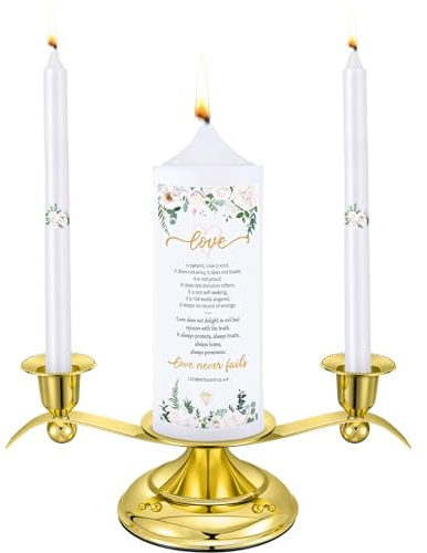 Landhoow 3 Unity Floral Candles for Wedding Ceremony Set with Golden Holder White Pillar and Taper Candles Religious Wedding Catholic Anniversary Big Events Gifts for Couple