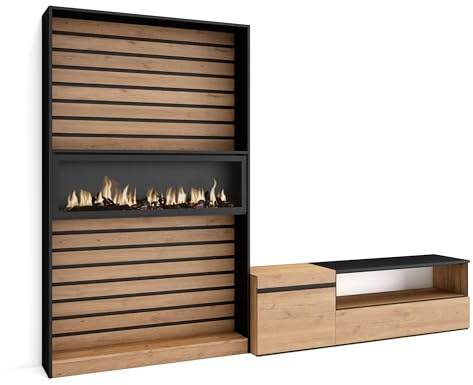 Skraut Home | Wohnwand Wohnzimmer | Wohnzimmermöbel, Möbelset | 260x186x35cm | Für TV-Geräte bis zu 65 | Elektrokamin | Moderner Stil | Eiche Schwarz