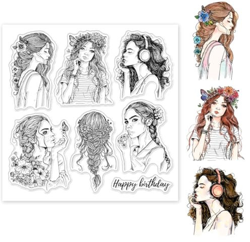 GLOBLELAND 5.91x5.91 Zoll Damen Transparente Stempel für Scrapbooking Musik Mode Dame Klare Stamps Blumen Hübsche Frau Silikonstempel Für Kartengestaltung DIY Prägung Journaling
