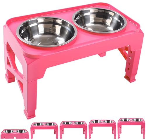 Hubulk Elevated Dog Bowls with 2 Stainless Steel Food & Water Raised Bowls with No Spill Edge Non-Slip Stand Adjusts to 5 Heights(3.2, 8.77, 9.9,11.1, 12.3)for Small Medium Large Dog and Pet Pink