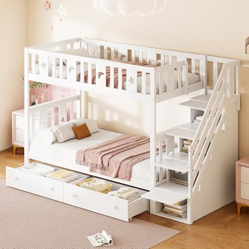 MQLAE Kinderbett 90x200/90x200 cm, Hochbett Etagenbett mit Stauraum-Sicherheitstreppe&Schubladen&Lattenrost, Jugendbett Holzbett Stockbett für 2 Kinder, Rausfallschutz Bett, Massivholz, Weiß