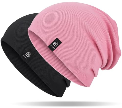 YANIKY Mütze Damen, Leichte Beanie Mütze Herren, Baumwolle Weiche Bequeme Dünne Mütze, Unisex Slouch Beanie Longbeanie für Alle Jahreszeiten (Schwarz+Rosa)