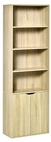 HOMCOM Bibliothèque à 6 Niveaux, Meuble de Rangement, étagère à Livres 59 x 29 x 180 cm avec 4 Compartiments Ouverts et 2 Portes, étagère de Rangement pour Salon, Chambre, Bureau, Bois Naturel