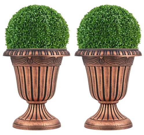 COSTWAY Set di 2 Vasi Alti, Vasi per Fiori in Plastica a Forma di Urna con Base a Piedistallo e Foro di Drenaggio, Contenitori Decorativi per Piante per Interni ed Esterni (Bronzo)