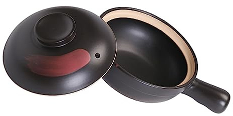 DECOMELODY Olla de Barro para Guisar Multiusos Cazuela de Arcilla Resistente Altas Temperaturas Ahorro Energético para Estofados y Sopas Caseras Pequeño con Mango Sencillo Color Negro con