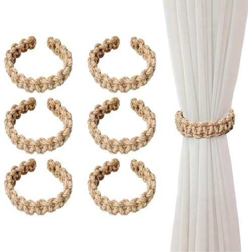 Aihoom Lot de 6 Embrasses de Rideaux en Corde de Coton et Lin Style Bohème - Accessoires Décoratifs pour Maison, Bureau, Chambre - Attaches Élégantes et Rustiques pour Rideaux