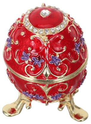 Zerodeko Hand Painted Russian Enamel Egg Trinket Box Decorative Hinged Jewelry Holder for Rings Earrings Keepsake Collectible Wedding Red