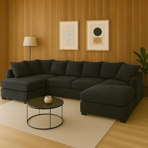 SofaHeaven - Black Jumbo Cord U-Shaped Cord Sofa - Large Modular Sofa with Memory Foam Seating & Removable Cushion Covers - Seats 6-7 People - Ideal U-Shape for Living Room