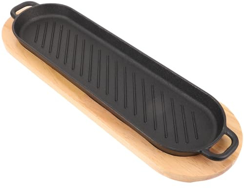 GAROZATION Piastra per Grigliare la Bistecca in Ghisa Doppio Manico e Base in Legno, Struttura Compatta per Uso Domestico e Barbecue all'Aperto