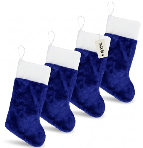 Iconikal 4-Pack Blue Plush Fabric Christmas Stocking, 18-inches Tall, Festive Decor