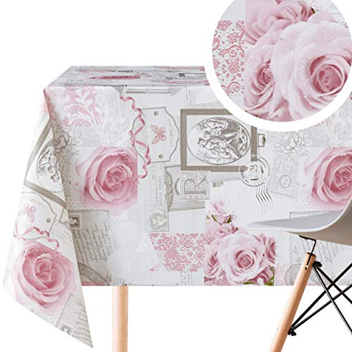 Nappe Toile Ciree Rectangulaire 140x250 cm Motif de Shabby Grise Clair Épaisse Essuyable Imperméable PVC Toile Plastique Facile à Nettoyer Imprimée Fleur Rétro Roses Anglaises