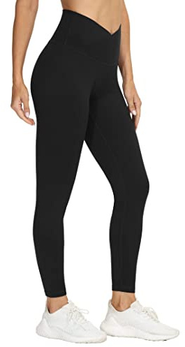 Women's V Cross Waist Yoga Leggings High Waisted Tummy Control Workout Running Pants Black