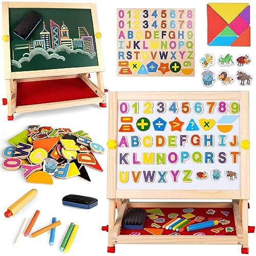 Chevalet de table en bois double face pour enfants - Tableau blanc magnétique avec lettres, chiffres et autres accessoires pour garçons et filles de 3, 4, 5, 6, 7, 8 ans