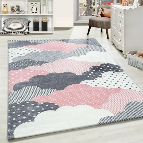 Carpetsale24 Kinderteppich Modern Wolken Design Pink und Grau 200 x 290 cm - Kurzflor Teppich Kinderzimmer Waschbarer Spielteppich Babyteppich für Junge und Mädchen Extra Weich Antiallergen Rechteckig