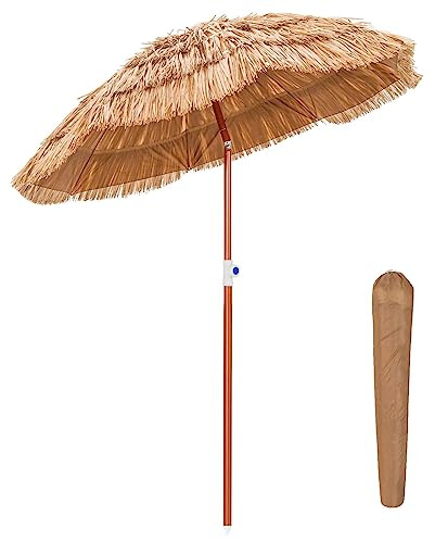 COSTWAY Garden Hawaii Parasol, Folding Thatch Tiki Sun Umbrella with 8 Ribs, Tropical Hawaiian Straw Sunshade for Patio Pool Balcony Backyard (175 x 194cm, with Carry Bag)