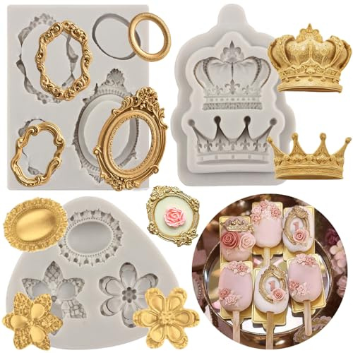 MYPRACS 3 Stück Vintage Rahmen Cupcake Fondantform Barock Stil Fondant Silikonformen Kronenformen für Kuchendekoration Zuckerhandwerk CupcakeTopper Schmuck Süßigkeiten Schokolade Gummipaste