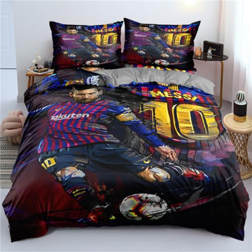 ENIXWH Juego de ropa de cama con diseño de estrella del fútbol FCB Messi en 3D, microfibra, juego de 1 con cremalleras y 2 sobres, funda de almohada para niños y niñas (A, 135 x 200 cm)