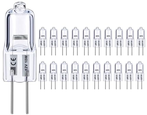 G4 Bulb, 20 Pack Halogen G4 12V 10W with G4 Bi-pin Base, High Output G4 Light Bulb 12V 150LM 3000Hrs Long Lifetime, G4 Dimmable, CRI100 & 2800K Warm White, G4 Halogen Bulb 10W for Cabinet Light Bulbs