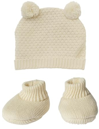Heless 4801 - Puppenkleidung aus 100% Bio-Baumwolle, 2-teiliges Strickset mit Bommelmütze und Strickschuhen in Ecru für Puppen und Kuscheltiere der Größe 28-35 cm